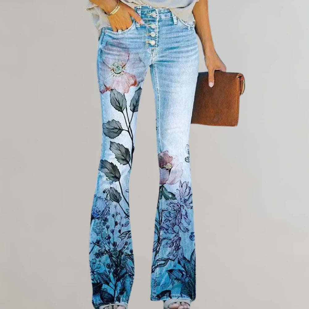 Ausgestellte Damenhose in Jeansoptik mit hohem Bund und Blumen- oder Schmetterlingsmotiv – dehnbar, 5 Taschen, Reißverschluss, S bis 3XL, 6 Motive