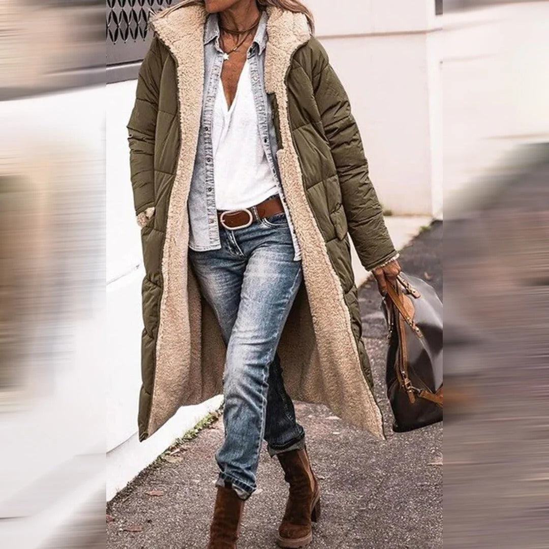 Langer Stepp-Wintermantel für Damen mit Teddyfutter und Kapuze für Arbeit, Alltag und Abend – wärmend, S bis 3XL, 6 Farben von Schwarz bis Weinrot