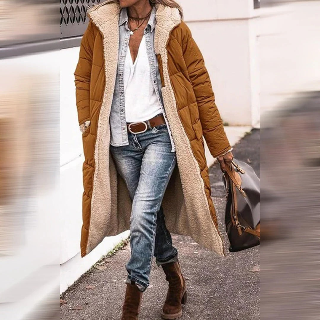 Langer Stepp-Wintermantel für Damen mit Teddyfutter und Kapuze für Arbeit, Alltag und Abend – wärmend, S bis 3XL, 6 Farben von Schwarz bis Weinrot