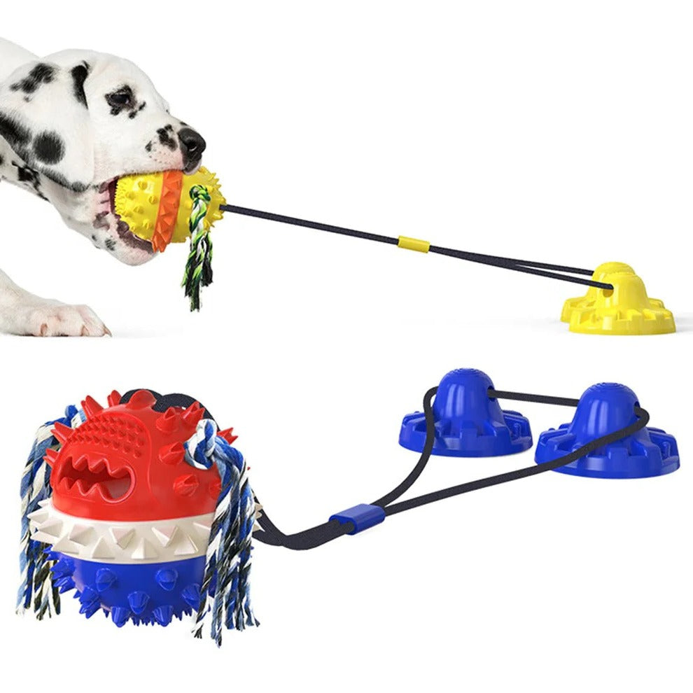 Zerrspielzeug für Hunde mit Saugnapf-Sockel, Noppenball und Seil für drinnen und draußen – Leckerli-Öffnung, elastisches Zugseil, abwaschbar, 3 Farben