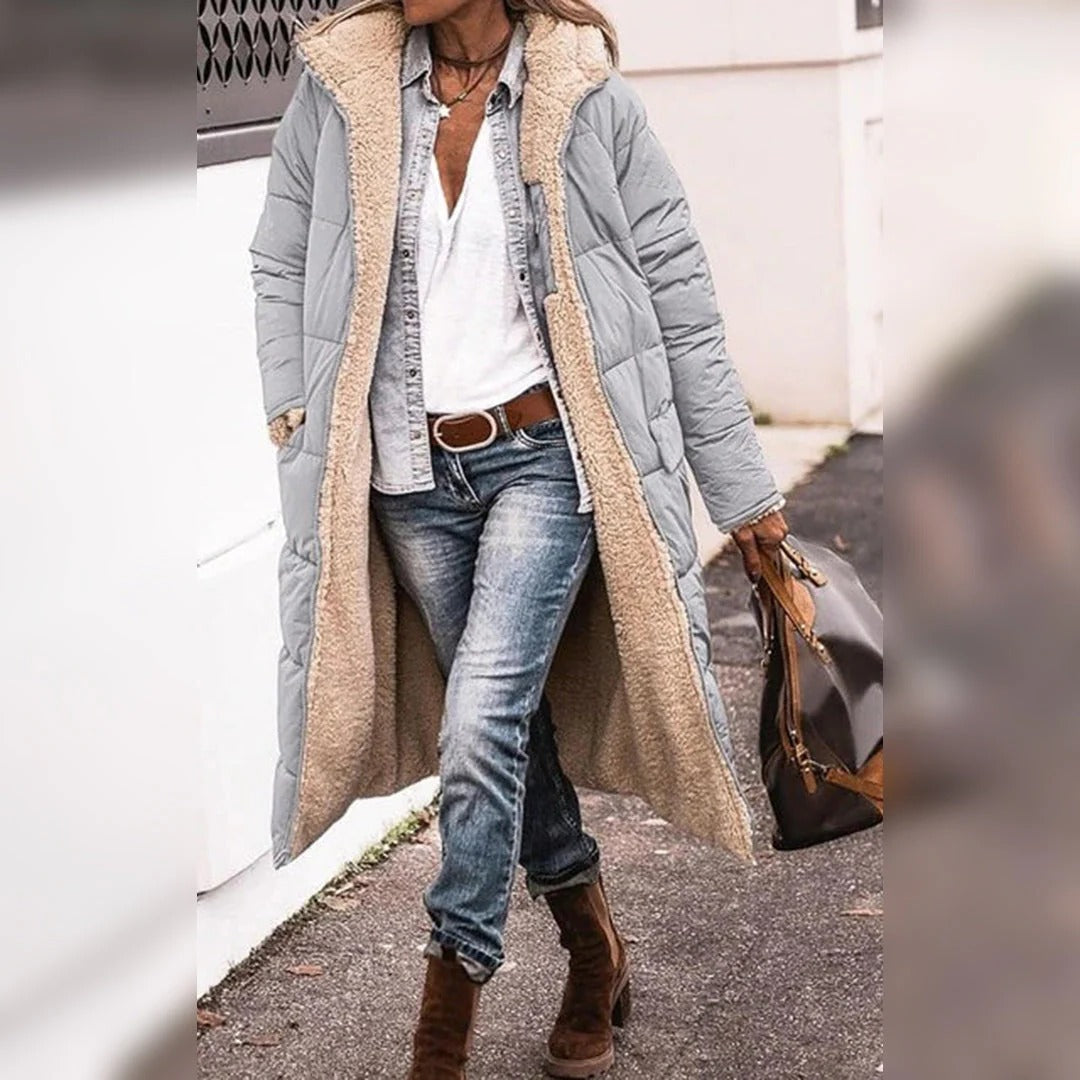 Langer Stepp-Wintermantel für Damen mit Teddyfutter und Kapuze für Arbeit, Alltag und Abend – wärmend, S bis 3XL, 6 Farben von Schwarz bis Weinrot