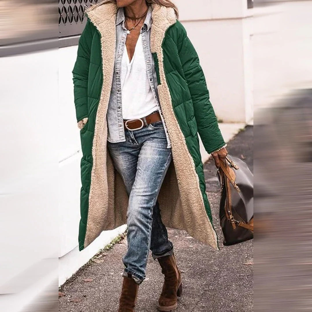 Langer Stepp-Wintermantel für Damen mit Teddyfutter und Kapuze für Arbeit, Alltag und Abend – wärmend, S bis 3XL, 6 Farben von Schwarz bis Weinrot