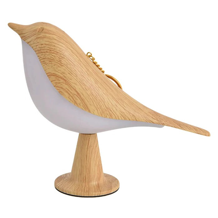 Tischlampe in Vogelform mit Holzoptik für Nachttisch, Schreibtisch und Regal – Akku mit USB, Magnetschalter, warmes Licht, Hell- oder Dunkelbraun