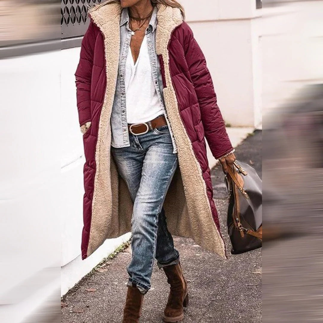 Langer Stepp-Wintermantel für Damen mit Teddyfutter und Kapuze für Arbeit, Alltag und Abend – wärmend, S bis 3XL, 6 Farben von Schwarz bis Weinrot