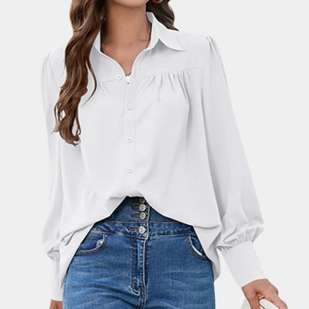 Plissierte Damenbluse aus Chiffon mit Hemdkragen und Laternenärmeln für Büro und Alltag – Knöpfe, einfarbig, S bis 2XL, 6 Farben