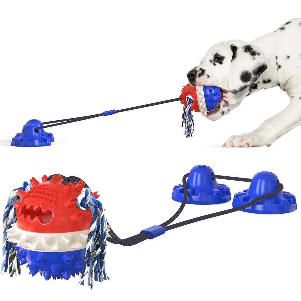 Zerrspielzeug für Hunde mit Saugnapf-Sockel, Noppenball und Seil für drinnen und draußen – Leckerli-Öffnung, elastisches Zugseil, abwaschbar, 3 Farben