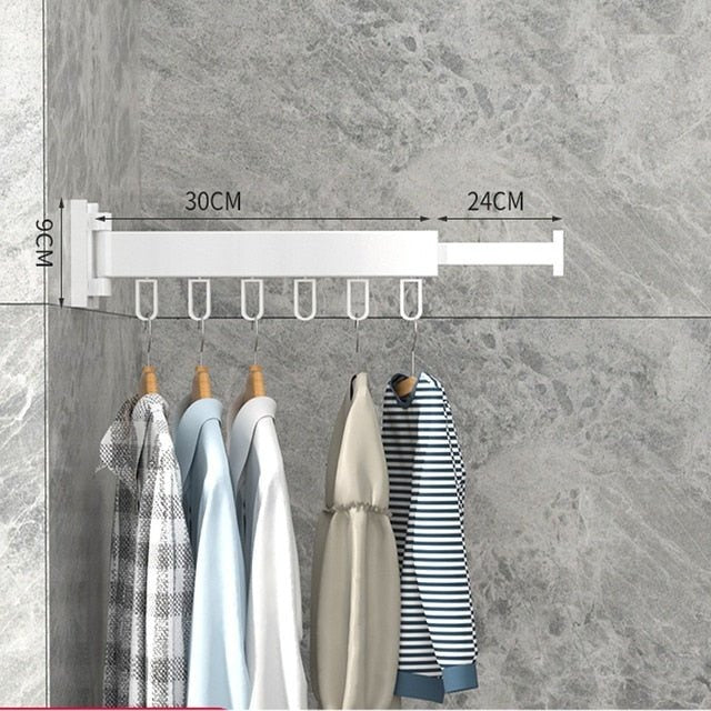 Ausklappbare Wand-Kleiderstange zum Trocknen und Aufhängen für Bad, Waschküche und Balkon – 30 cm plus 24 cm Auszug, 6 Bügelösen, 180° schwenkbar