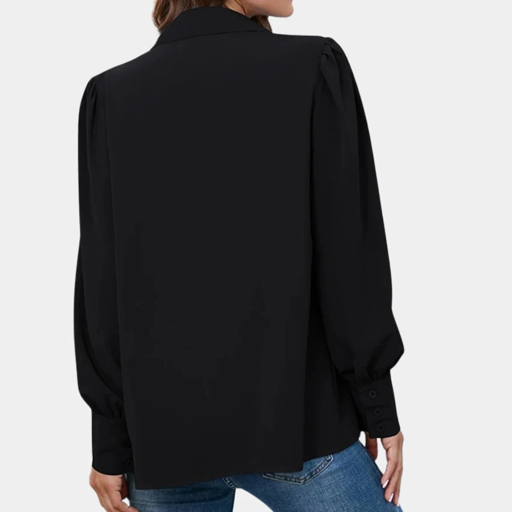 Plissierte Damenbluse aus Chiffon mit Hemdkragen und Laternenärmeln für Büro und Alltag – Knöpfe, einfarbig, S bis 2XL, 6 Farben