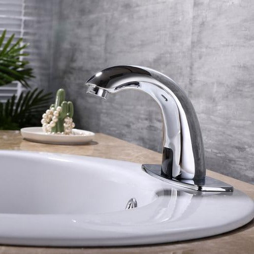 Berührungsloser Sensor-Wasserhahn mit Temperaturmischer für das Waschbecken im Badezimmer – Messing verchromt, mit Schläuchen, Batteriebetrieb