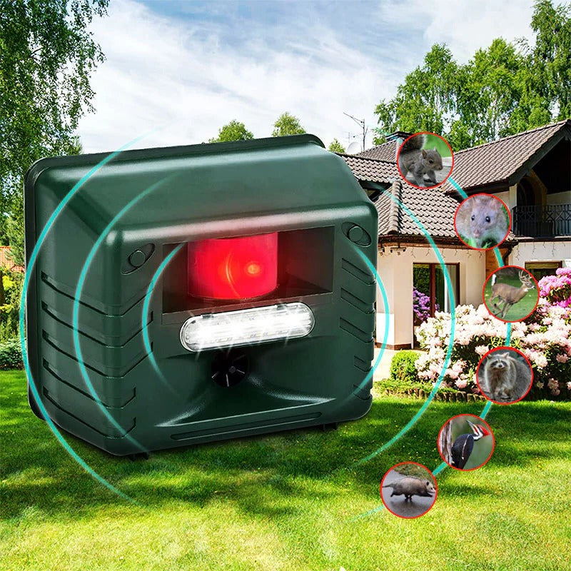 Solar-Ultraschall-Tiervertreiber mit Bewegungsmelder für Garten, Rasen, Teich und Beete – PIR-Sensor bis ca. 21 m, 170°, Licht- und Ultraschallsignal