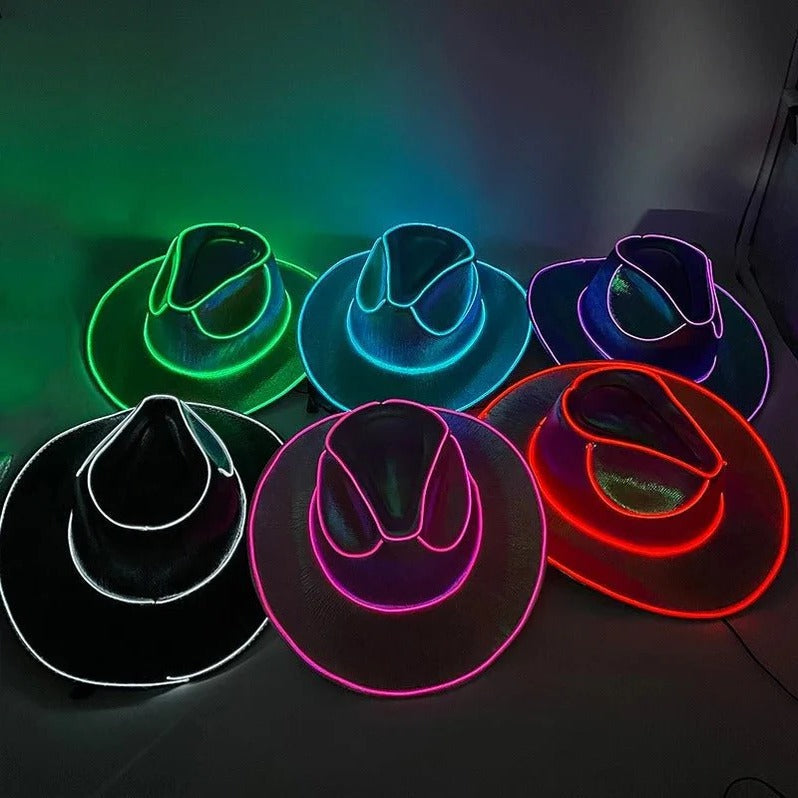 Leuchtender Cowboyhut mit LED-Krempe für Partys, Events und Mottofeiern – 38 × 34 × 14 cm, Einheitsgröße für Erwachsene, Batteriebetrieb, 7 Farben