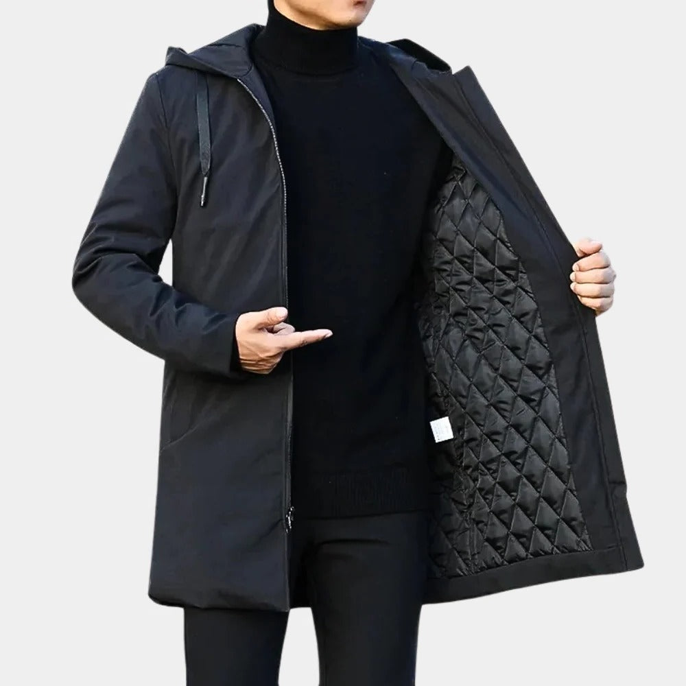 Langer Herrenmantel mit Kapuze und gestepptem Futter für Alltag, Büro und Abend – Reißverschluss, Seitentaschen, M bis 4XL, Schwarz oder Dunkelbraun