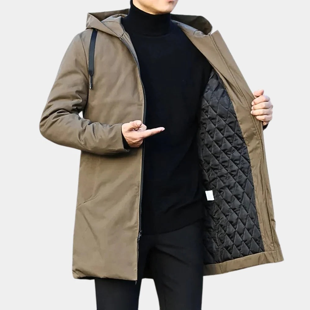 Langer Herrenmantel mit Kapuze und gestepptem Futter für Alltag, Büro und Abend – Reißverschluss, Seitentaschen, M bis 4XL, Schwarz oder Dunkelbraun