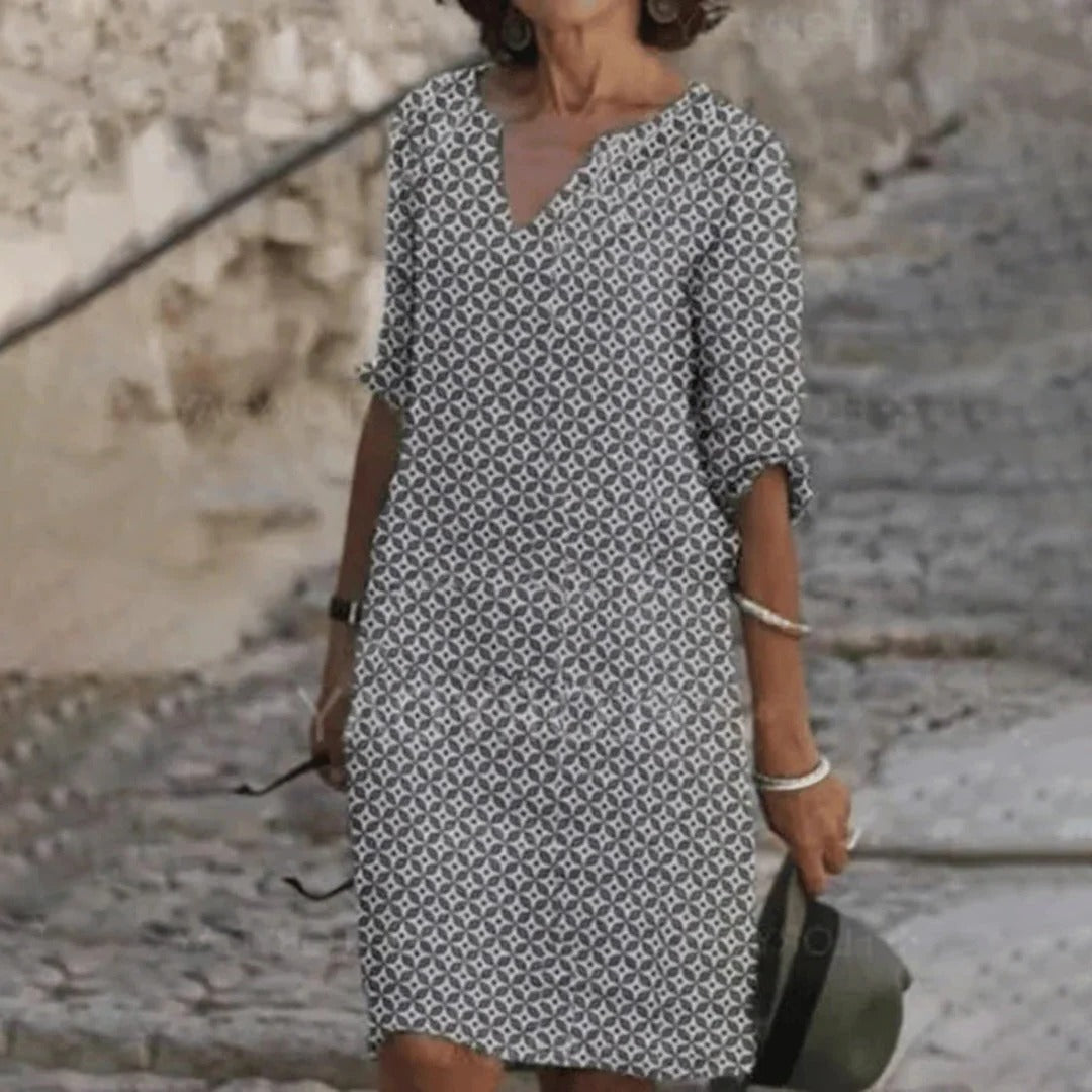 Knielanges Damenkleid mit geometrischem Muster für Frühling und Sommer – Polyester, V-Ausschnitt, halblange Ärmel, S bis 2XL, 4 Farben