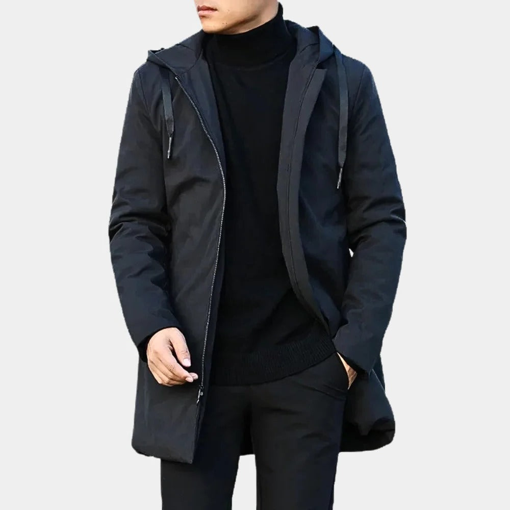 Langer Herrenmantel mit Kapuze und gestepptem Futter für Alltag, Büro und Abend – Reißverschluss, Seitentaschen, M bis 4XL, Schwarz oder Dunkelbraun