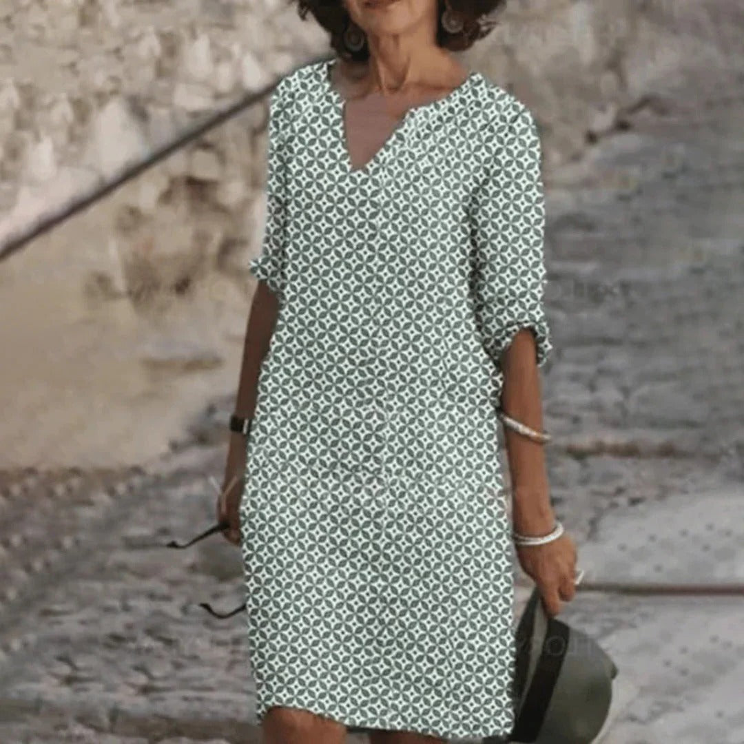Knielanges Damenkleid mit geometrischem Muster für Frühling und Sommer – Polyester, V-Ausschnitt, halblange Ärmel, S bis 2XL, 4 Farben