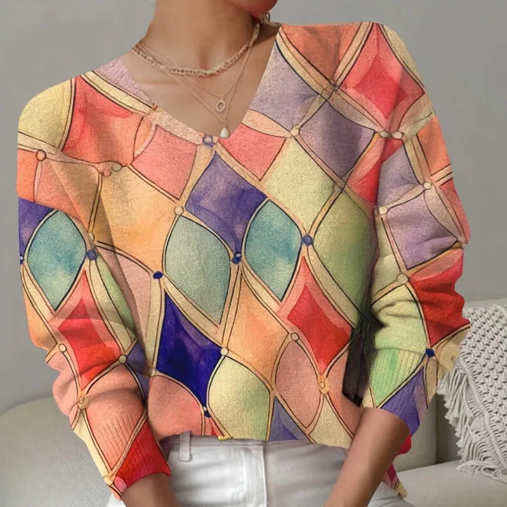 Eleganter Damenpullover mit V-Ausschnitt im bunten Farbmix zu Jeans, Rock oder unter der Jacke – Polyesterfaser, bequeme Passform, XS bis XL