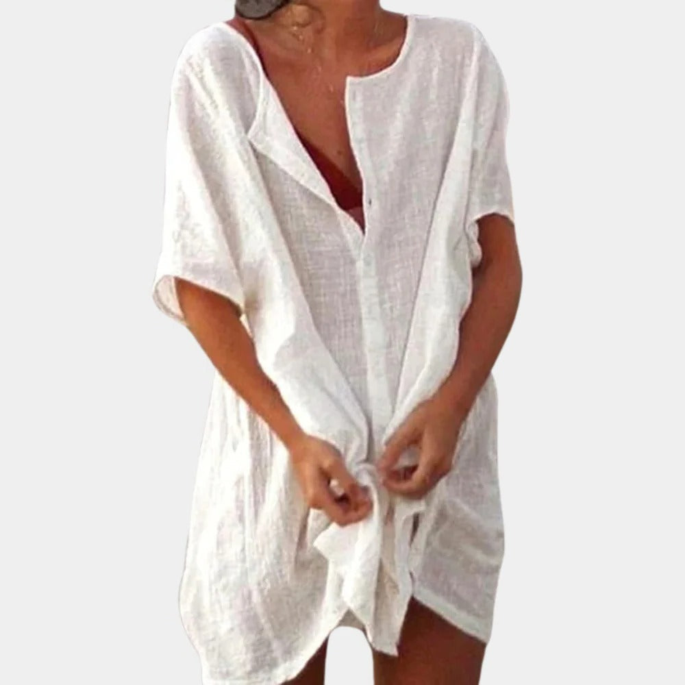 Lockeres Sommer-Hemdkleid für Damen für Strand, Urlaub und Freizeit – Leinenoptik, V-Ausschnitt mit Knopfleiste, kurze Ärmel, S bis 3XL, 5 Farben