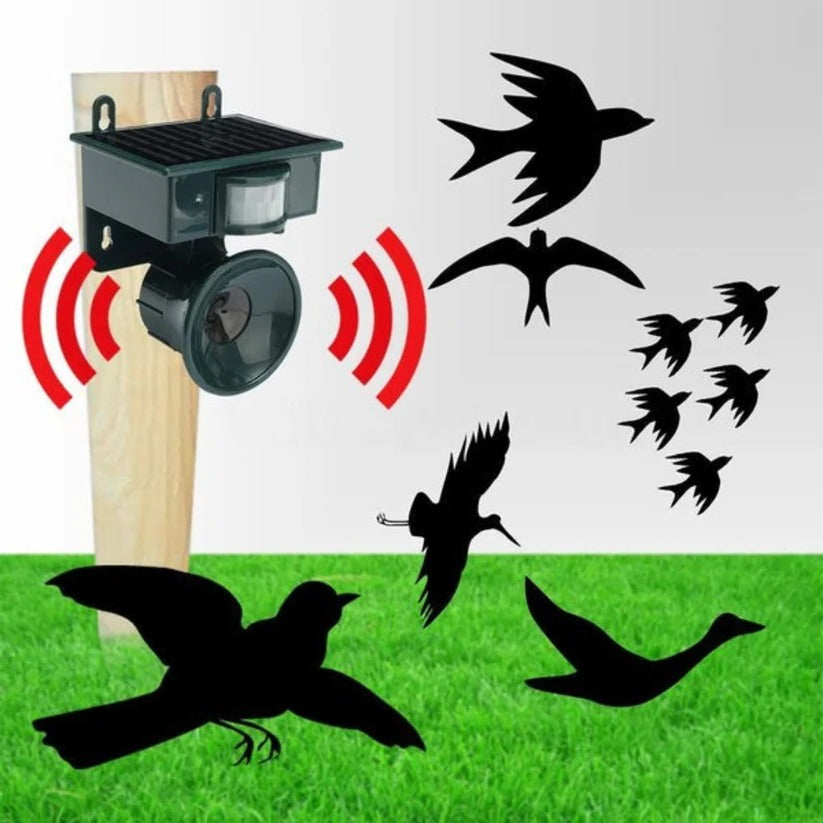 Solar-Vogelabwehr mit Bewegungsmelder, Raubtierlauten und Ultraschall für Garten, Balkon und Dach – PIR-Sensor, ca. 9 m Reichweite, ABS, wetterfest