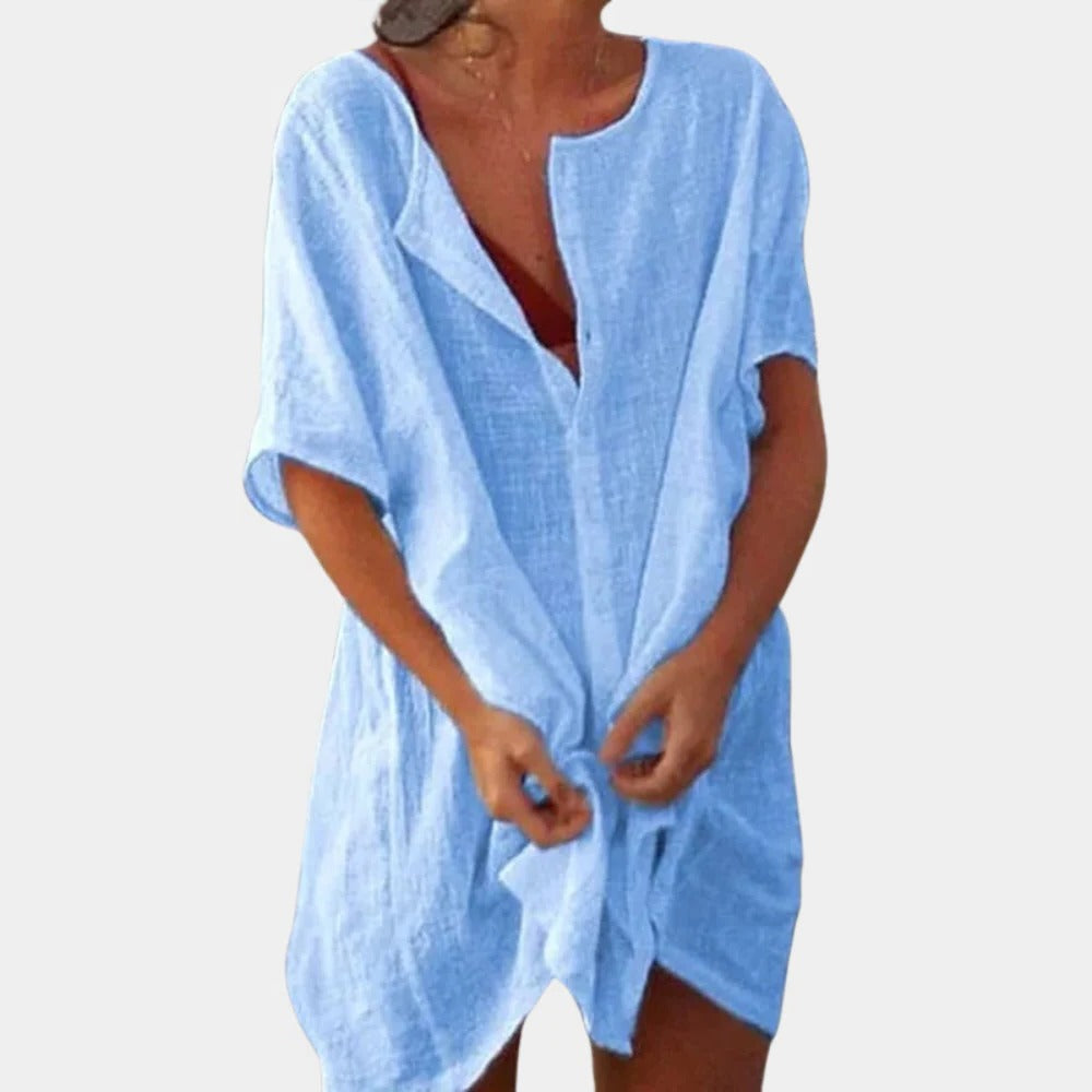 Lockeres Sommer-Hemdkleid für Damen für Strand, Urlaub und Freizeit – Leinenoptik, V-Ausschnitt mit Knopfleiste, kurze Ärmel, S bis 3XL, 5 Farben