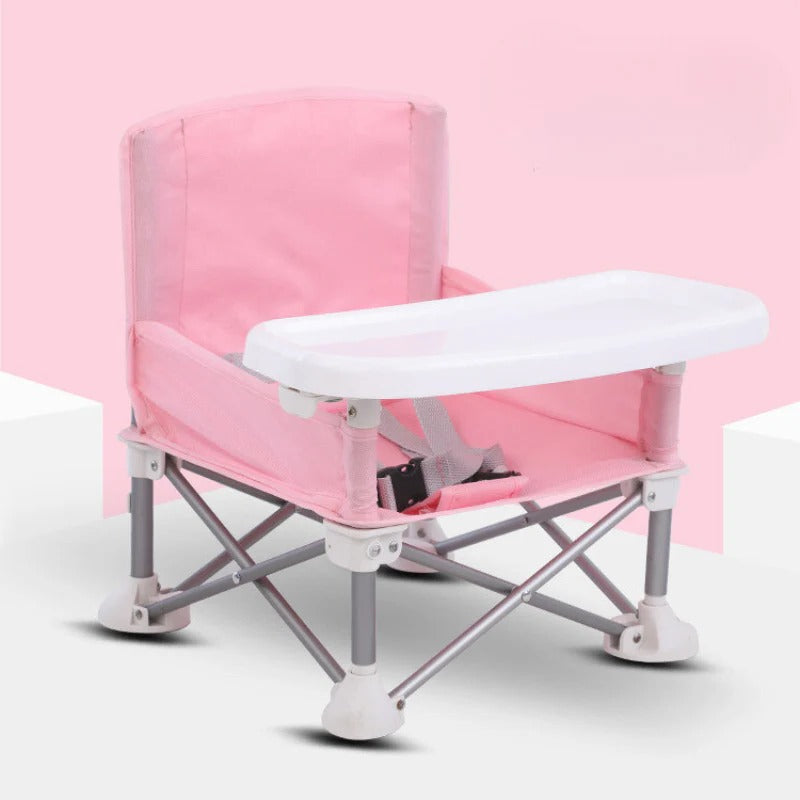 Klappbarer Kindersitz mit Esstablett und Sicherheitsgurt für Camping, Garten und Picknick – tragbarer Kleinkindstuhl mit Faltgestell, Grau oder Rosa