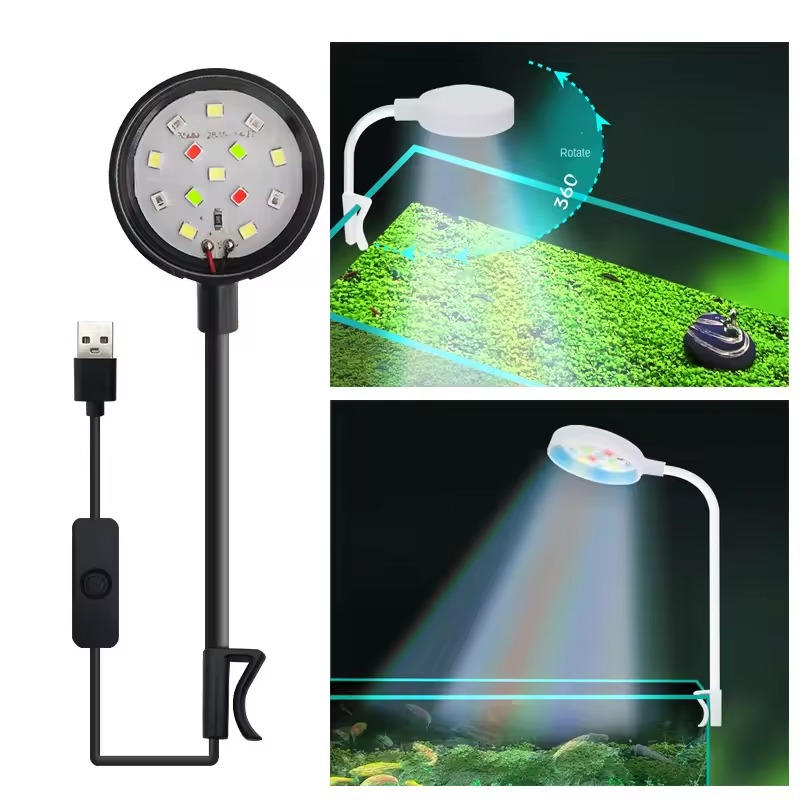 Aquariumleuchte mit Vollspektrum-LED und Schwanenhals für Aquarien und Schildkrötenbecken – Klemme für 2–5 mm Glas, 360° drehbar, Schwarz oder Weiß