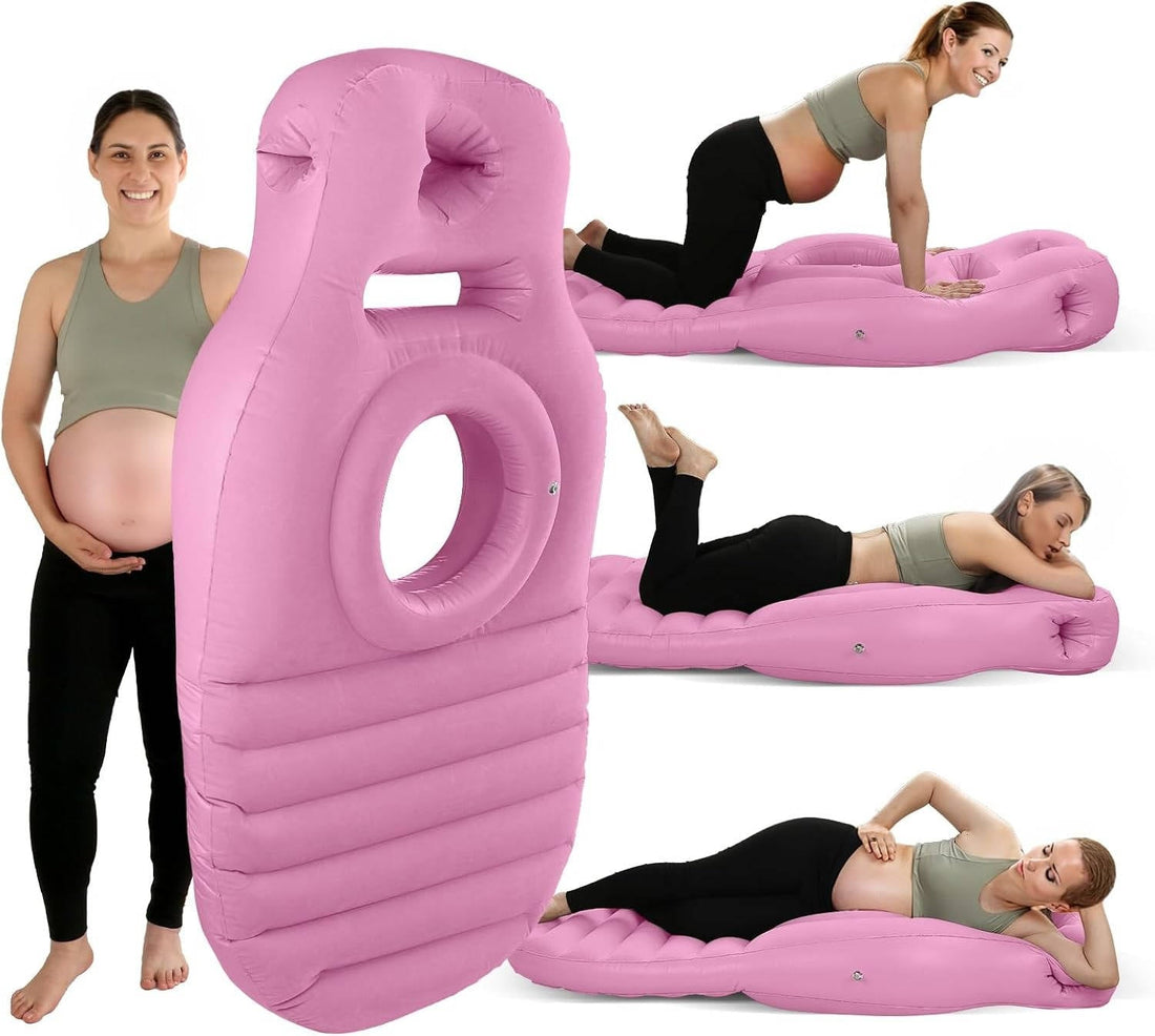 Aufblasbares Schwangerschaftskissen mit Bauchaussparung zum Liegen auf dem Bauch – 165 cm, 2 Luftkammern, PVC, 3 Farben