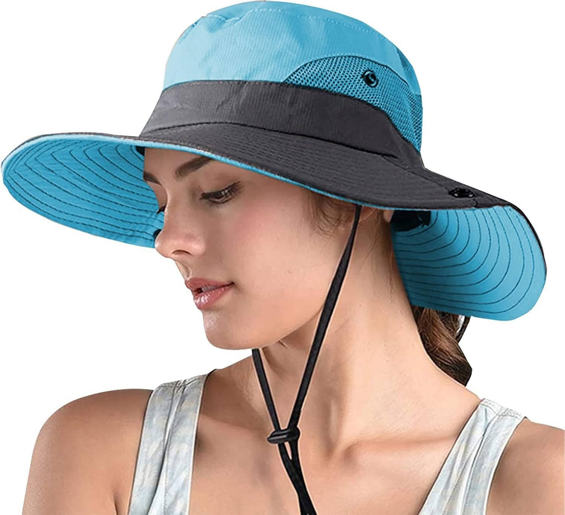 Faltbarer Sonnenhut mit breiter Krempe, Kinnriemen und Zopföffnung für Strand, Wandern und Festival – Mesh-Einsatz, hochknöpfbare Krempe, 6 Farben
