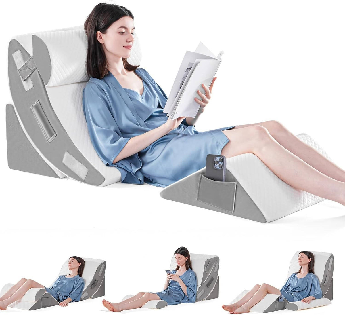 4-teiliges Keilkissen-Set aus Memory-Schaum für Bett und Sofa zum Lesen, Sitzen und Liegen – Klettverbindung, abnehmbarer Plüschbezug, 3 Farben