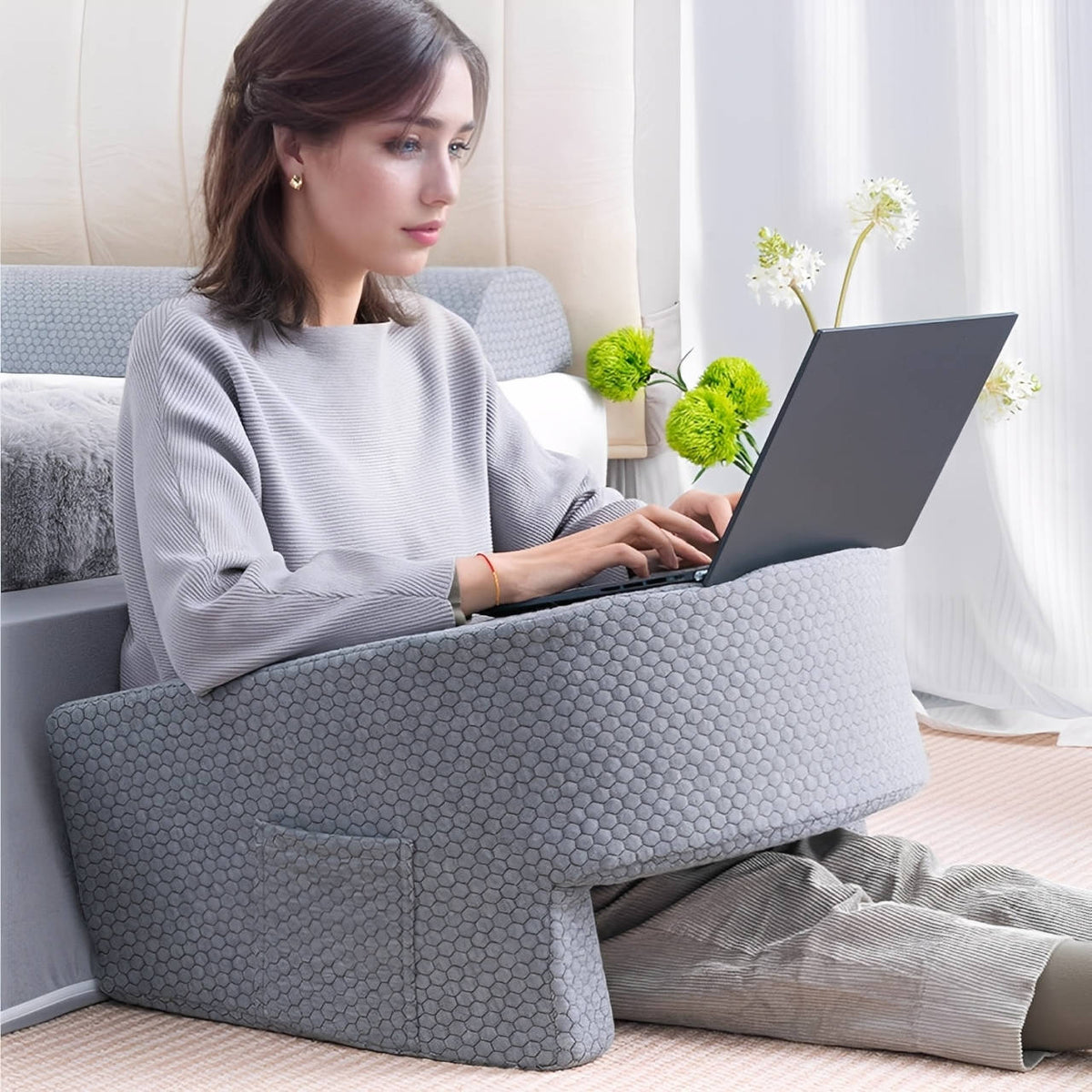 U-förmiges Lesekissen mit Memory-Schaum und 2 Seitentaschen für Bett, Sofa und Boden – waschbarer Strickbezug mit Reißverschluss, 3 Ausführungen
