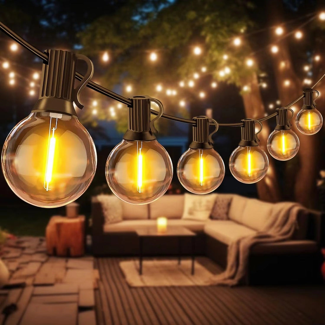 LED-Lichterkette mit Glühbirnen für Garten, Terrasse und Balkon – 9 oder 14 m, 15 oder 25 bruchfeste Birnen, IP44, dimmbar, erweiterbar