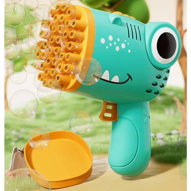 Seifenblasenpistole in Dinosaurier-Form für Kinder für Garten, Party und drinnen – 40 Öffnungen, Knopfdruck, Batteriebetrieb, Grün oder Rosa