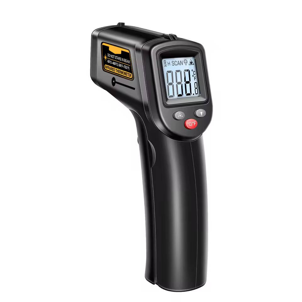 Infrarot-Thermometer mit Laserpunkt für Küche, Heizung und Werkstatt – −50 bis 400 °C, Messverhältnis 12:1, 0,5 s, beleuchtetes Display