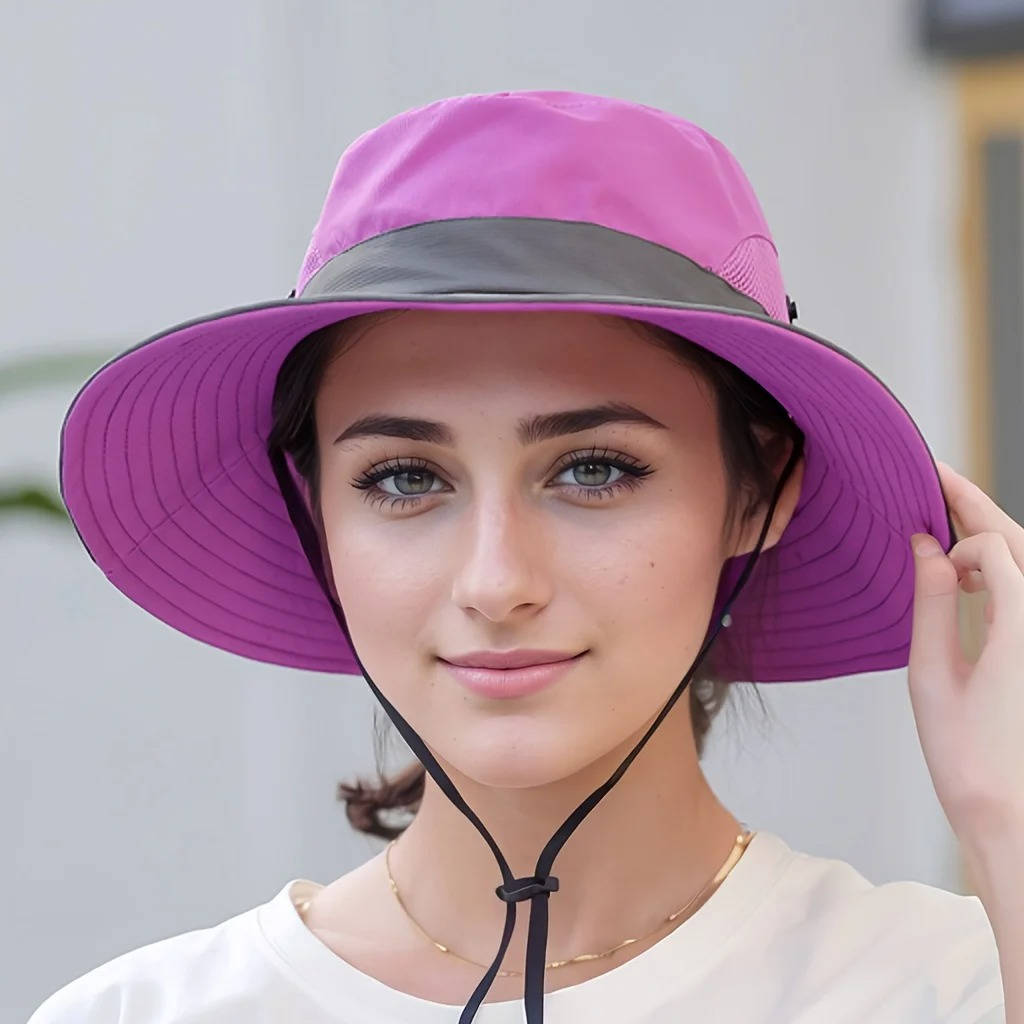 Faltbarer Sonnenhut mit breiter Krempe, Kinnriemen und Zopföffnung für Strand, Wandern und Festival – Mesh-Einsatz, hochknöpfbare Krempe, 6 Farben
