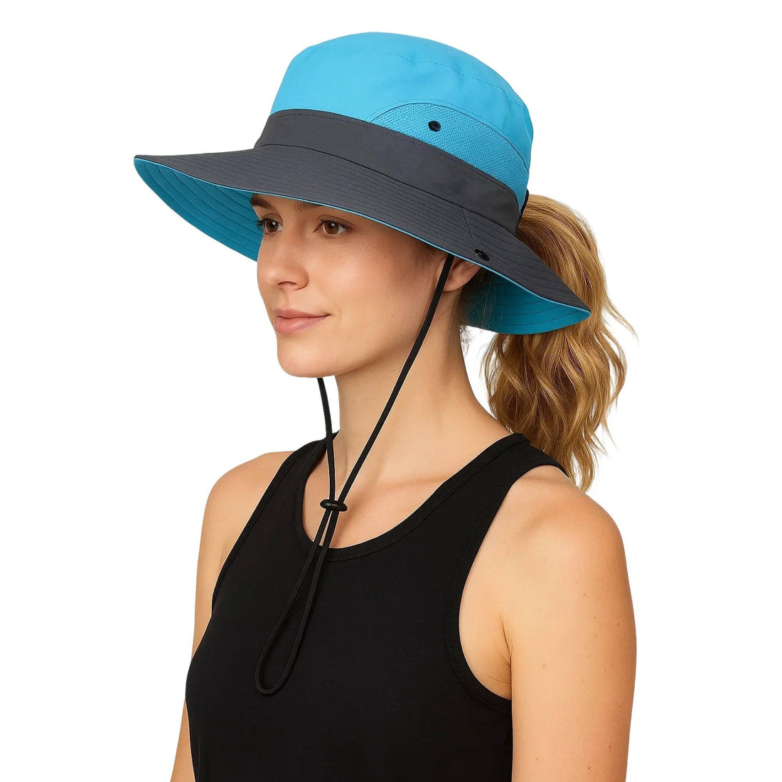 Faltbarer Sonnenhut mit breiter Krempe, Kinnriemen und Zopföffnung für Strand, Wandern und Festival – Mesh-Einsatz, hochknöpfbare Krempe, 6 Farben