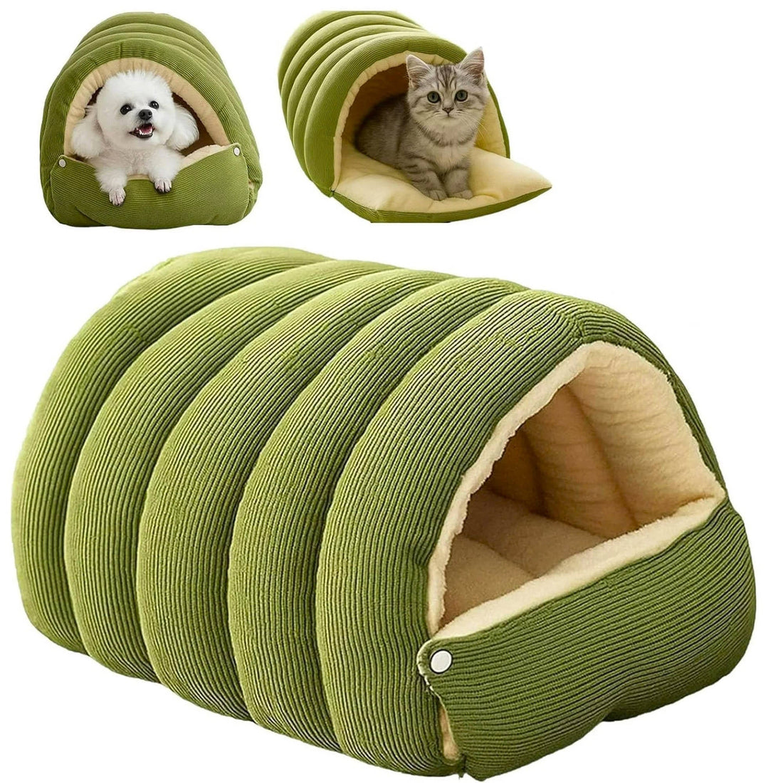 Waschbare Katzenhöhle für den Winter als Rückzugsort – M 45 × 30 × 19 cm oder L 57 × 37 × 28 cm, in Grün, Beige und Lila