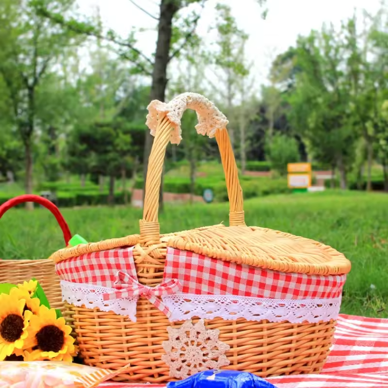 Ovaler Picknickkorb aus Weide mit zwei Deckeln und Baumwollfutter für Picknick und Aufbewahrung – waschbares Futter, Henkel, in 3 Farben