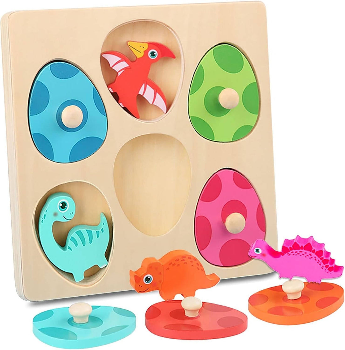 Holzpuzzle mit Dinosaurier-Eiern zum Zuordnen für kleine Kinder – 6 Eier, 6 Dinosaurier, Spielbrett, große Griffknöpfe, wasserbasierte Farben
