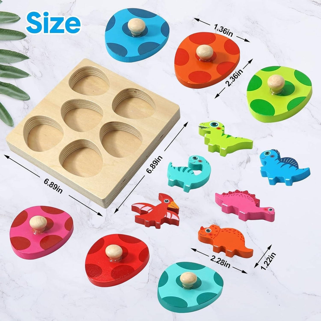Holzpuzzle mit Dinosaurier-Eiern zum Zuordnen für kleine Kinder – 6 Eier, 6 Dinosaurier, Spielbrett, große Griffknöpfe, wasserbasierte Farben