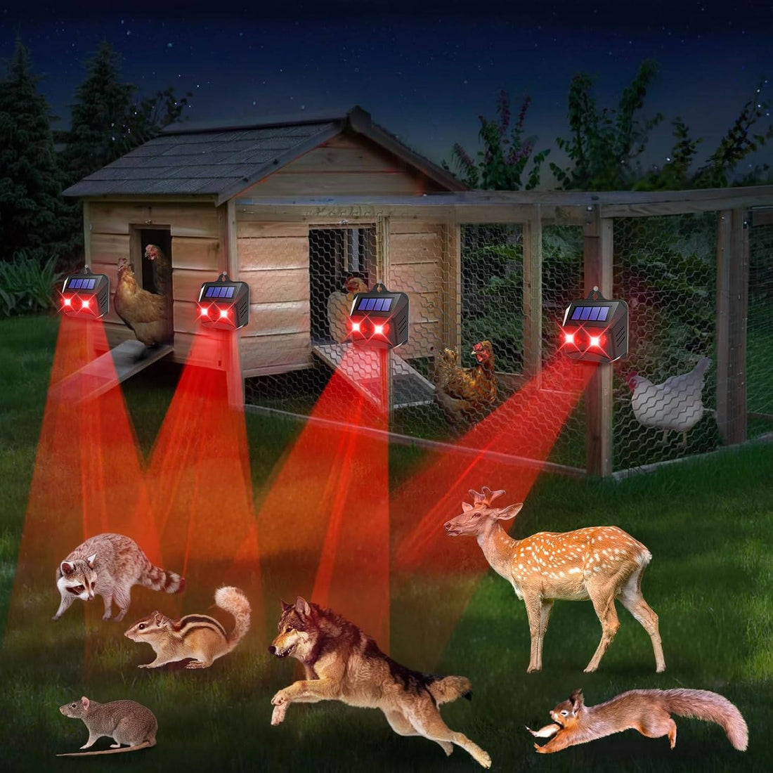 Solar-Tierabwehr mit rot leuchtenden LED-Augen im 2er-Set für Garten, Hühnerstall und Zaun – Solarpanel, Aufhängeöse, Schwarz, 2 Ausführungen