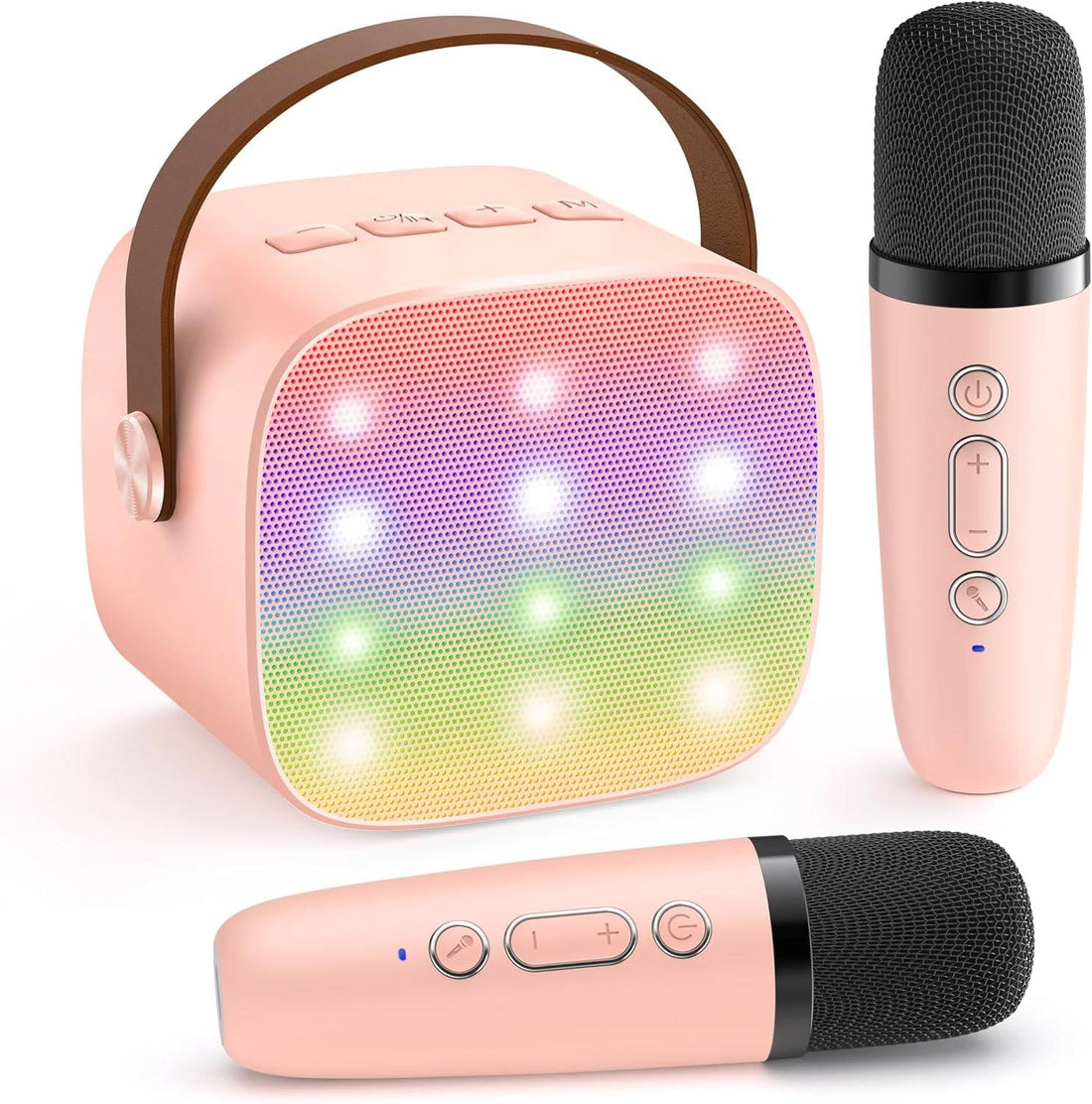 Mini-Karaoke-Maschine mit Funkmikrofonen für Partys, Familienabende und Kinderzimmer – mit Licht oder 2 Mikrofonen, 3 Farben