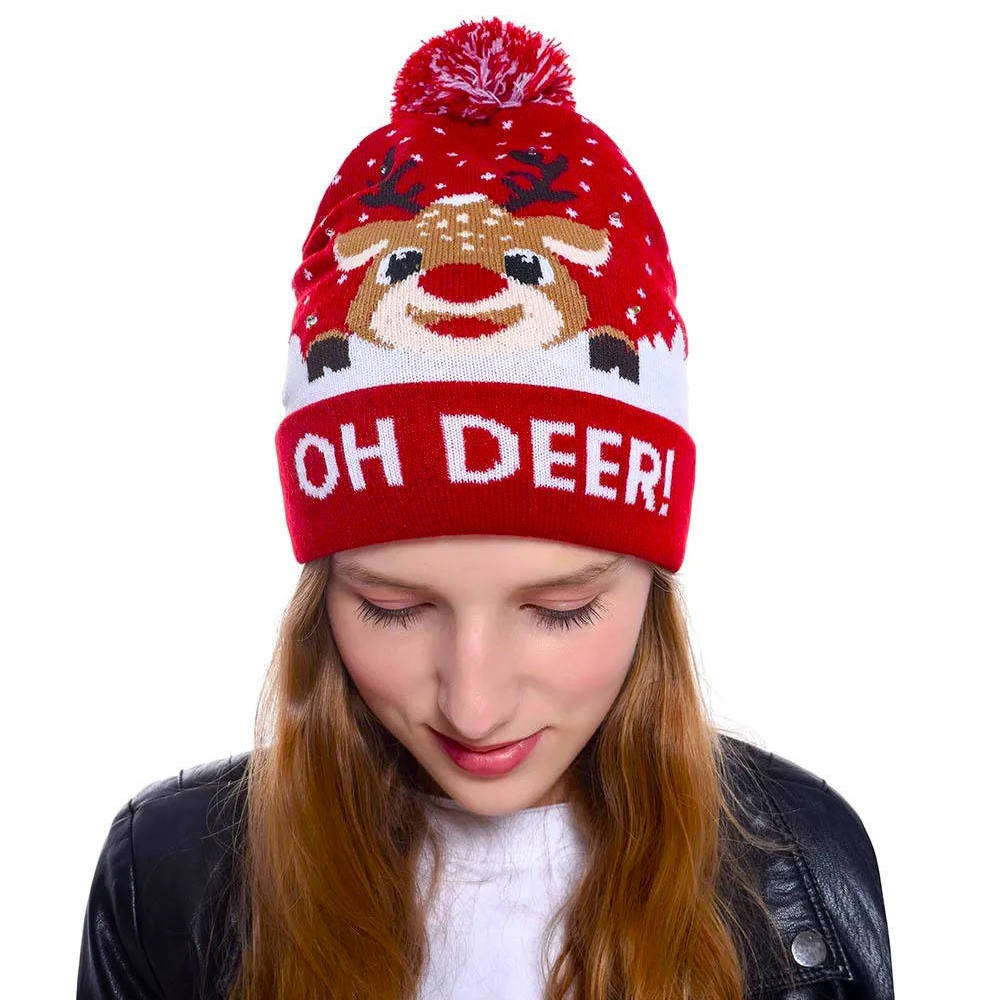 Leuchtende Strickmütze mit Rentiermotiv und Bommel für Weihnachtsfeier und Weihnachtsmarkt – blinkende LED-Lichter, Acryl, in 4 Farben