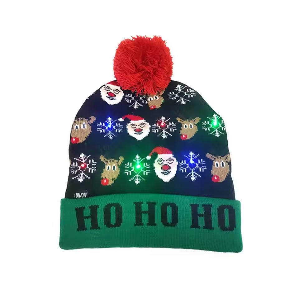 Leuchtende Strickmütze mit Rentiermotiv und Bommel für Weihnachtsfeier und Weihnachtsmarkt – blinkende LED-Lichter, Acryl, in 4 Farben