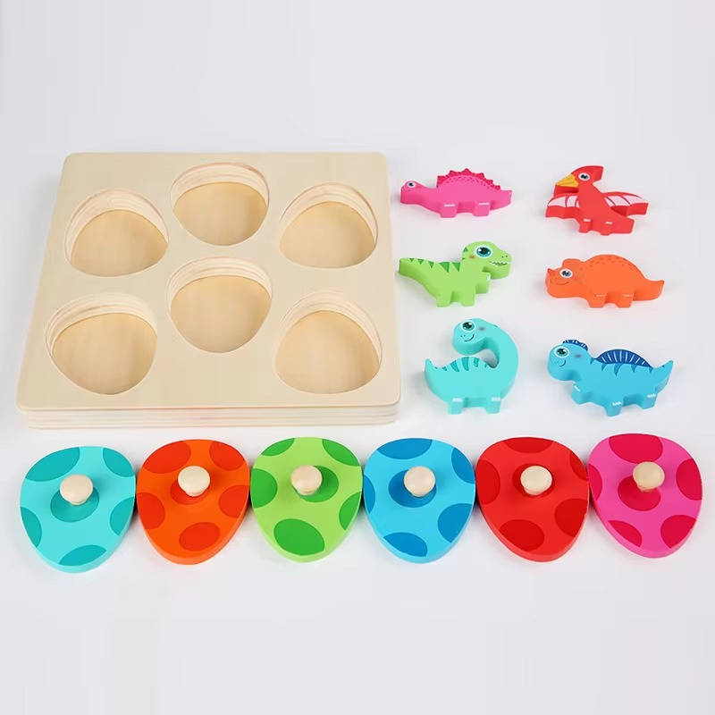 Holzpuzzle mit Dinosaurier-Eiern zum Zuordnen für kleine Kinder – 6 Eier, 6 Dinosaurier, Spielbrett, große Griffknöpfe, wasserbasierte Farben