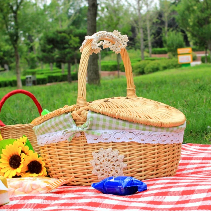 Ovaler Picknickkorb aus Weide mit zwei Deckeln und Baumwollfutter für Picknick und Aufbewahrung – waschbares Futter, Henkel, in 3 Farben