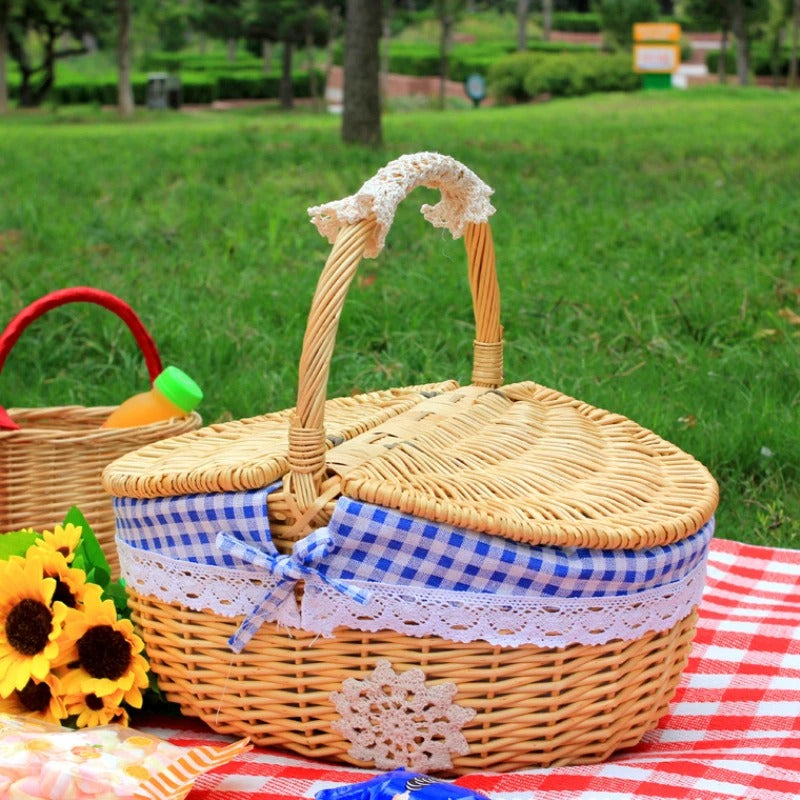 Ovaler Picknickkorb aus Weide mit zwei Deckeln und Baumwollfutter für Picknick und Aufbewahrung – waschbares Futter, Henkel, in 3 Farben