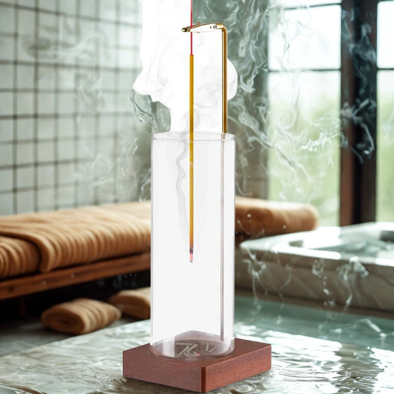 Räucherstäbchenhalter mit Glaszylinder und Holzsockel für Meditation und Yoga – Stäbchen kopfüber, Messingklemme, ca. 25 cm hoch, abnehmbares Glas