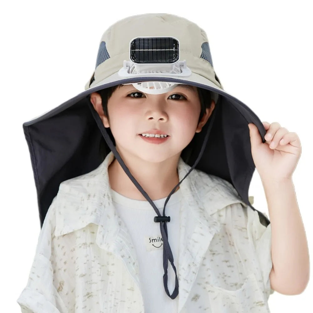 Kinder-Sonnenhut mit Solar-Ventilator und breiter Krempe für Garten, Angeln und Reisen – UPF 50+, 3 Stufen, 800-mAh-Akku, Kopfumfang 52–55 cm