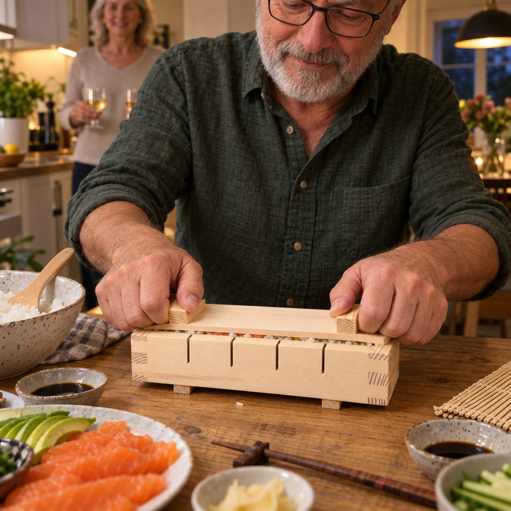 Sushi-Presse aus Holz für gepresstes Sushi für Küche und Sushi-Abende – rechteckige Pressform mit Deckel und Schnittrillen, Naturholz