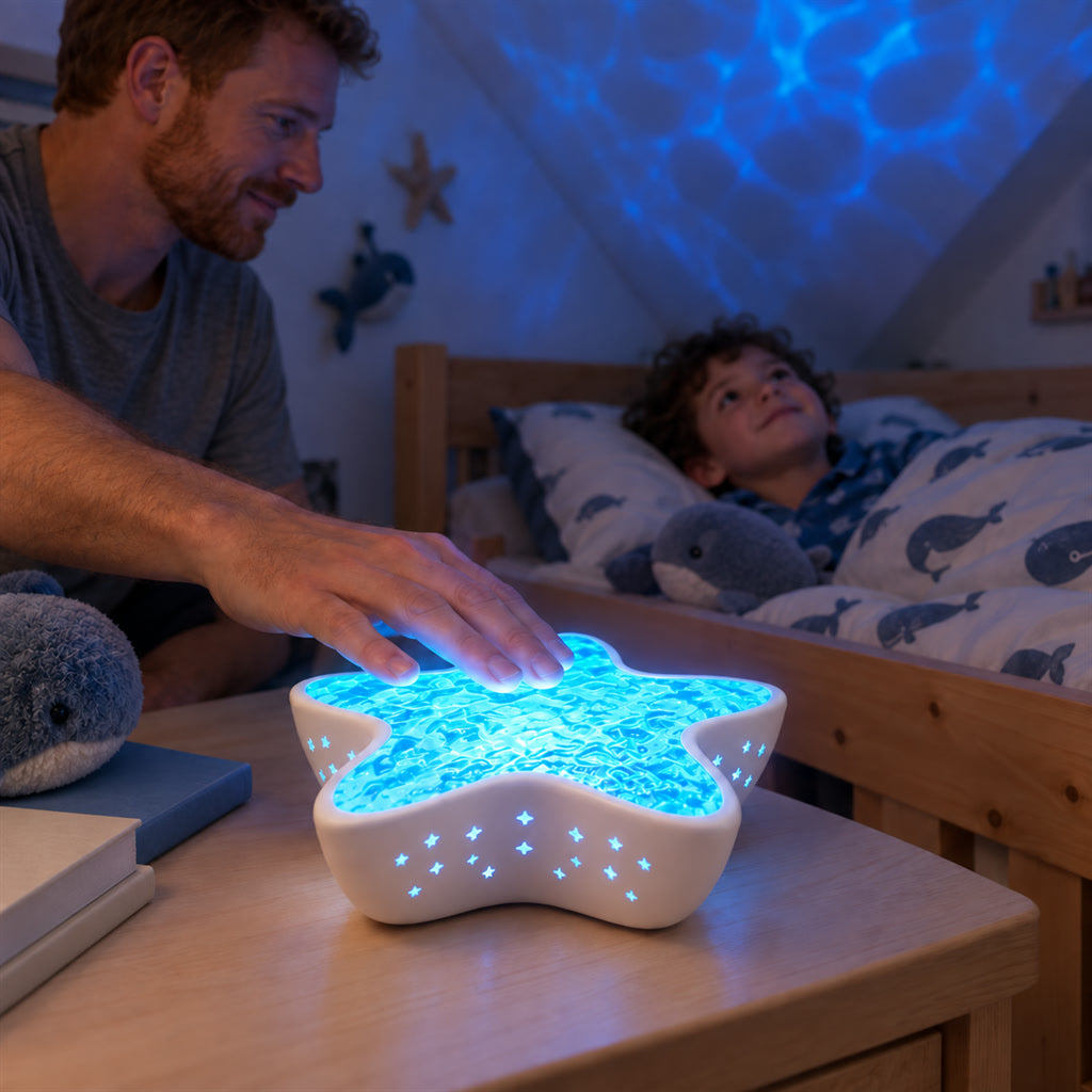 Nachtlicht mit Ozeanwellen-Projektion im Seestern-Design für Schlafzimmer und Kinderzimmer – Akku mit 2000 mAh, stufenlos dimmbar